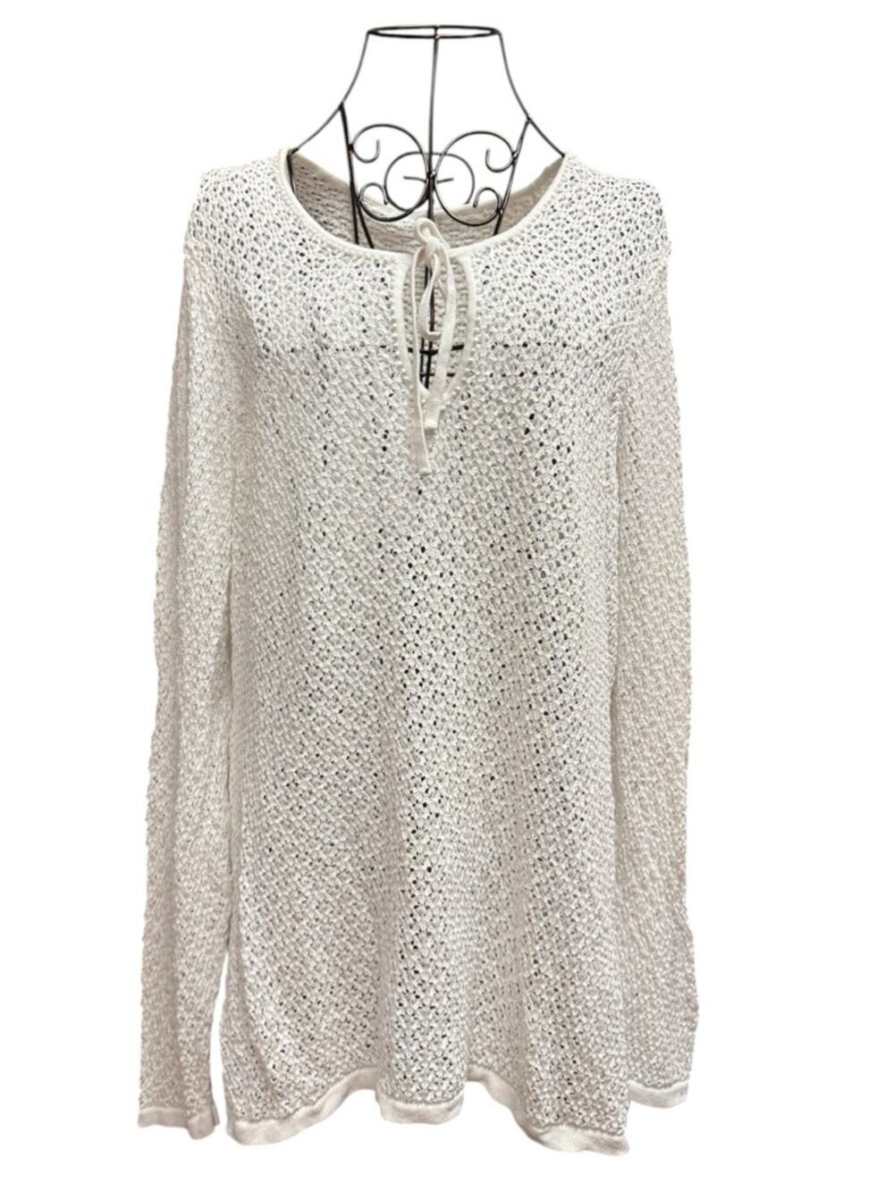 Caslon 100% Cotton Open-Knit Tie-Neck Sweater in White 1X